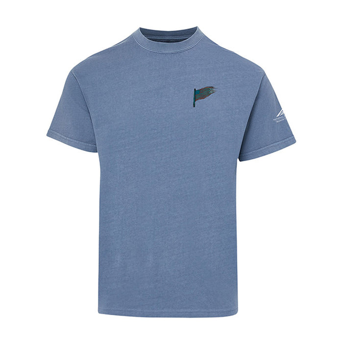 Light blue short-sleeve National Museum of the Marine Corps Building T-Shirt featuring a small, colorful flag graphic on the left chest and a white logo on the left sleeve. This relaxed-fit tee with a crew neckline makes a perfect Marine Corps souvenir from the National Museum of the Marine Corps.
