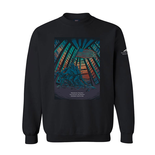 The National Museum of the Marine Corps Building Crew Sweatshirt is a black sweatshirt showcasing a striking graphic of soldiers raising a flag, set against stylized beams and a sunset background. Below the image, text adds significance, while a small logo adorns the left sleeve. This sweatshirt honors enduring courage and heritage, making it an ideal choice for anyone looking for meaningful Marine Corps museum apparel.