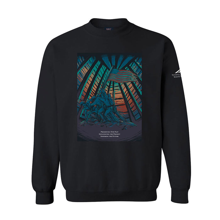 The National Museum of the Marine Corps Building Crew Sweatshirt is a black sweatshirt showcasing a striking graphic of soldiers raising a flag, set against stylized beams and a sunset background. Below the image, text adds significance, while a small logo adorns the left sleeve. This sweatshirt honors enduring courage and heritage, making it an ideal choice for anyone looking for meaningful Marine Corps museum apparel.