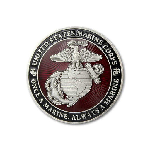 Once a Marine, Always a Marine Magnet Coin featuring the United States Marine Corps emblem with an eagle, globe, and anchor on a striking red background. Text reads: UNITED STATES MARINE CORPS and ONCE A MARINE, ALWAYS A MARINE. This distinguished magnet coin makes a meaningful military keepsake or thoughtful gift for any Marine veteran.