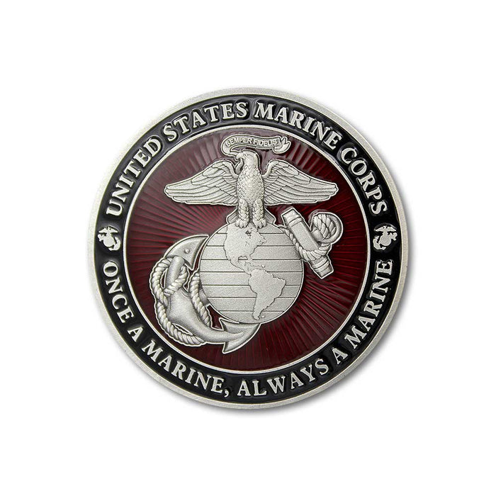 Once a Marine, Always a Marine Magnet Coin featuring the United States Marine Corps emblem with an eagle, globe, and anchor on a striking red background. Text reads: UNITED STATES MARINE CORPS and ONCE A MARINE, ALWAYS A MARINE. This distinguished magnet coin makes a meaningful military keepsake or thoughtful gift for any Marine veteran.