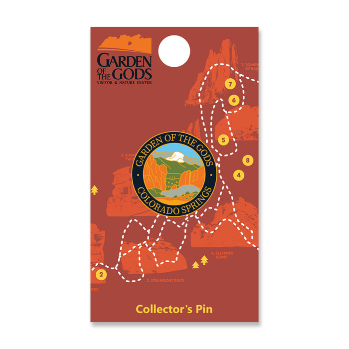 The Garden of the Gods Gateway Rocks Pin is a Colorado Springs collectors pin presented on a red card, featuring illustrated rock formations and trail markers numbered 1-8. Celebrating one of Colorado’s most iconic landmarks, this pin showcases mountains, rocks, and lush greenery.
