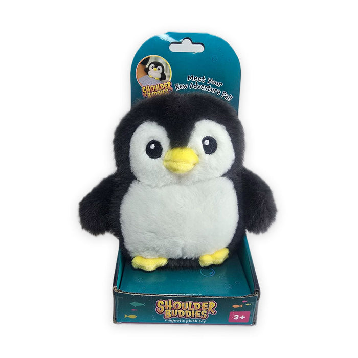 A Penguin Shoulder Buddy Plush packaged in a cardboard display box.