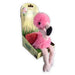 A bright pink Flamingo Shoulder Buddy plush with long legs sitting inside its open cardboard packaging.
