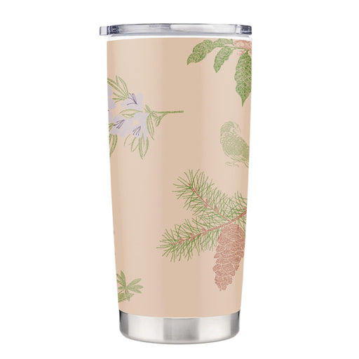 The Woodland Park Zoo Forest Trailhead Travel Mug is a stainless steel, eco-friendly mug with a light beige background, featuring pine branches, pinecones, green leaves, purple flowers, and comes with a clear lid.