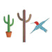 Featuring three whimsical designs—a potted green cactus, a rainbow-striped tall cactus with arms, and a mosaic-patterned flying hummingbird with a red head and blue wings—each pin in the Desert Botanical Garden Will Beger Pin Set celebrates desert flora on a crisp white background. This vibrant trio beautifully captures the playful style and creative spirit of the Desert Botanical Garden.