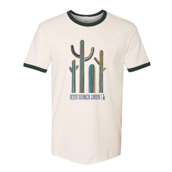 The Desert Botanical Garden Will Beger Colorful Cacti Ringer T-Shirt features a beige body with dark green collar and sleeve accents, adorned with vibrant striped cactus illustrations and the text "DESERT BOTANICAL GARDEN" on the front. Designed by Will Beger, this t-shirt captures the lively essence of the Desert Botanical Garden.