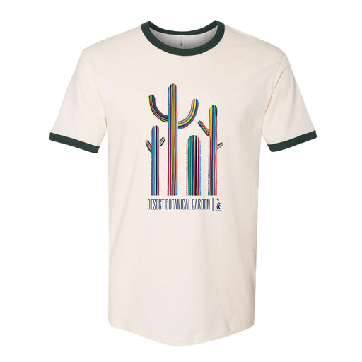 The Desert Botanical Garden Will Beger Colorful Cacti Ringer T-Shirt features a beige body with dark green collar and sleeve accents, adorned with vibrant striped cactus illustrations and the text "DESERT BOTANICAL GARDEN" on the front. Designed by Will Beger, this t-shirt captures the lively essence of the Desert Botanical Garden.