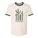 The Desert Botanical Garden Will Beger Colorful Cacti Ringer T-Shirt features a beige body with dark green collar and sleeve accents, adorned with vibrant striped cactus illustrations and the text "DESERT BOTANICAL GARDEN" on the front. Designed by Will Beger, this t-shirt captures the lively essence of the Desert Botanical Garden.