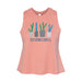 The Desert Botanical Garden Will Beger Cacti Lineup Women's Tank is a peach-colored, sleeveless top featuring four illustrated potted cacti above blue "Desert Botanical Garden" text, designed in collaboration with Will Beger.