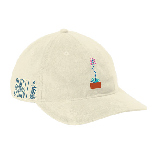 Desert Botanical Garden Will Beger Embroidered Agave Flower Cap featuring a beige design with a small potted plant graphic on the front, “DESERT BOTANICAL GARDEN” text, stick figure logo, and “WILL BEGER” embroidered on the side—a unique tribute to the renowned Desert Botanical Garden and Will Beger’s enduring legacy.