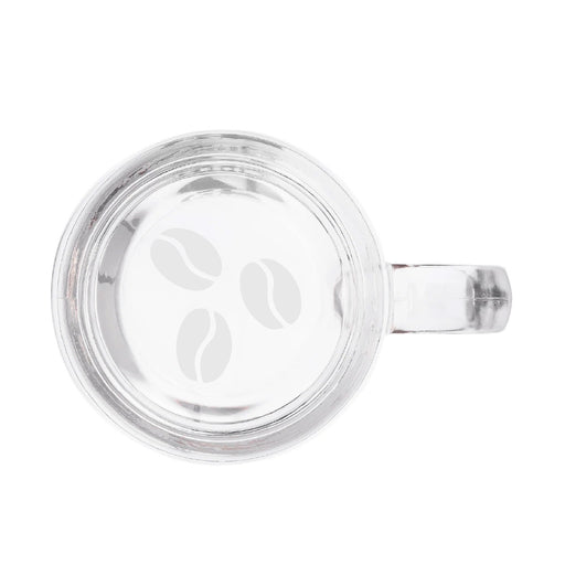 Top view of the Woodland Park Zoo Glass Mug, featuring three coffee bean designs on the bottom, set against a white background—a subtle tribute to wildlife conservation.