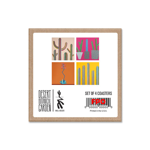 Set of four coasters featuring colorful, stylized cactus and succulent illustrations on bold backgrounds, the Desert Botanical Garden Will Beger Coaster Set celebrates desert flora in vivid detail. Packaging displays Desert Botanical Garden branding along with a barcode at the bottom.