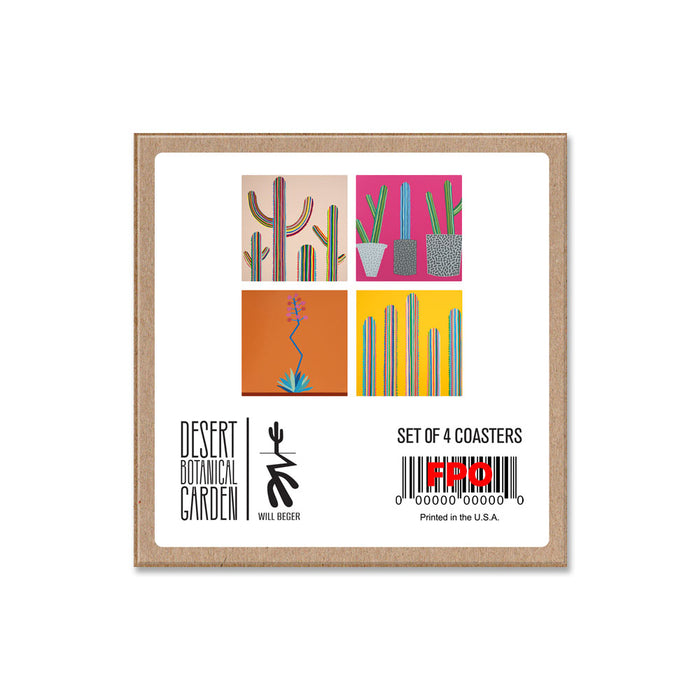 Set of four coasters featuring colorful, stylized cactus and succulent illustrations on bold backgrounds, the Desert Botanical Garden Will Beger Coaster Set celebrates desert flora in vivid detail. Packaging displays Desert Botanical Garden branding along with a barcode at the bottom.