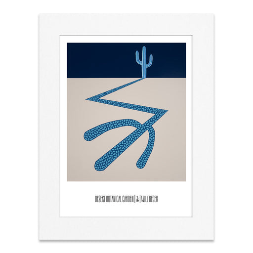 Experience the captivating Desert Botanical Garden Will Beger Blue Cactus Matted Print, showcasing minimalist artwork of a bold blue cactus set beneath a dramatic dark sky. Twisting blue cobblestone paths meander through the sandy foreground, leading your gaze to the central cactus. The image is elegantly bordered by a white mat and features "Desert Botanical Garden" text below, making this matted print a distinctive addition to any art collection.