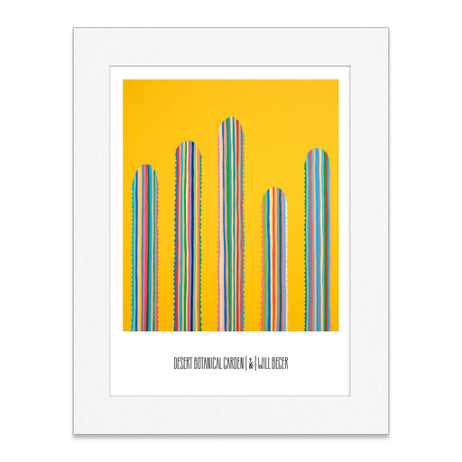 Art print titled "Desert Botanical Garden Will Beger Rainbow Cactus Matted Print" featuring five colorful, striped cacti of varying heights arranged in a row against a vibrant yellow background. Inspired by Desert Flora Art, this piece is presented with a white matted border and includes text at the bottom.