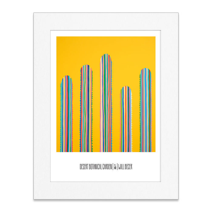 Art print titled "Desert Botanical Garden Will Beger Rainbow Cactus Matted Print" featuring five colorful, striped cacti of varying heights arranged in a row against a vibrant yellow background. Inspired by Desert Flora Art, this piece is presented with a white matted border and includes text at the bottom.
