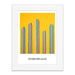 Art print titled "Desert Botanical Garden Will Beger Rainbow Cactus Matted Print" featuring five colorful, striped cacti of varying heights arranged in a row against a vibrant yellow background. Inspired by Desert Flora Art, this piece is presented with a white matted border and includes text at the bottom.