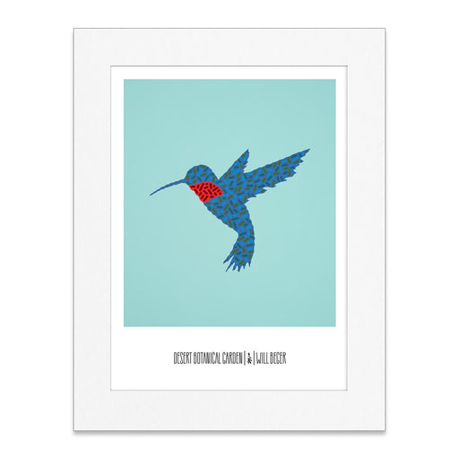 The Desert Botanical Garden Will Beger Blue Hummingbird Matted Print features an illustration of a hummingbird formed from delicate blue and red leaf patterns on a light turquoise background. Presented with a white mat and labeled "Desert Botanical Garden | Jill Becker" beneath the image, this print is a stunning example of desert flora artwork—perfect for any nature lover’s collection.