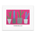 Four potted cacti with patterned pots are illustrated on a bright pink background in this vibrant Desert Botanical Garden Will Beger Green & Blue Cactus Matted Print. Text below reads Desert Botanical Garden | Jill Becce.