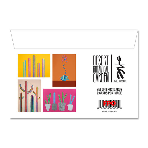 The Desert Botanical Garden Will Beger Post Card Set comes in an envelope adorned with colorful cactus artwork arranged in five squares, labeled “Desert Botanical Garden” and “Will Beger.” This vibrant set includes 8 postcards—2 for each image—ideal for sharing or collecting. The packaging reads, “Set of 8 postcards, 2 cards per image,” with a barcode and the note “Printed in the U.S.A.” at the bottom.