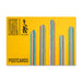 The Desert Botanical Garden Will Beger Post Card Set includes a yellow postcard featuring the “Desert Botanical Garden” text, logo, and artist Will Beger’s name. The design displays five upright, colorful striped cactus shapes with “POSTCARDS” printed in bold black text at the bottom left.