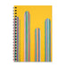 A spiral-bound Desert Botanical Garden Will Beger Rainbow Cactus Notebook with a yellow cover featuring four tall, rounded shapes adorned with multicolored vertical stripes, inspired by vibrant desert flora and resembling abstract cacti.