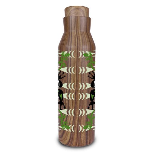 The Woodland Park Zoo Jason LaClair Frog Water Bottle is tall with a wood pattern, showcasing a symmetrical geometric design of black, white, and green leaves and crescent moons.
