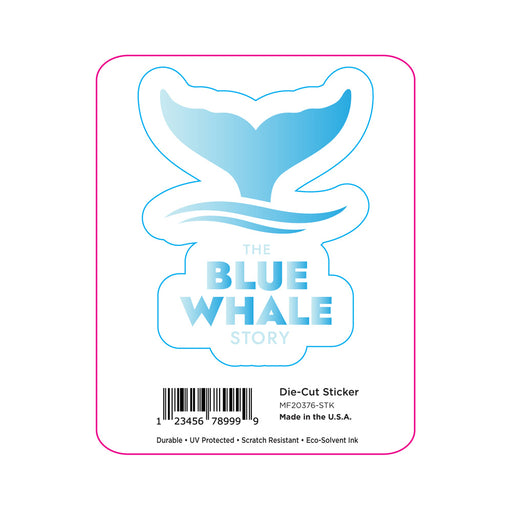A die-cut sticker featuring a blue whale tail above the words THE BLUE WHALE STORY on a white background. The packaging includes a barcode and product information at the bottom right.