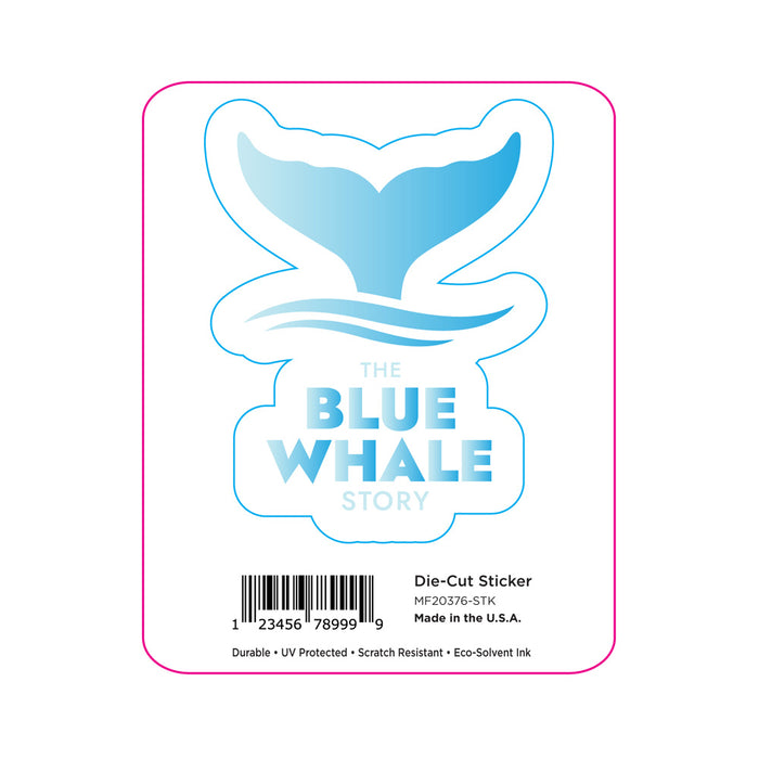 A die-cut sticker featuring a blue whale tail above the words THE BLUE WHALE STORY on a white background. The packaging includes a barcode and product information at the bottom right.