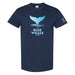 Navy blue t-shirt with a light blue whale tail graphic above stylized waves and the text THE BLUE WHALE STORY on the front. A small logo is on the left sleeve.