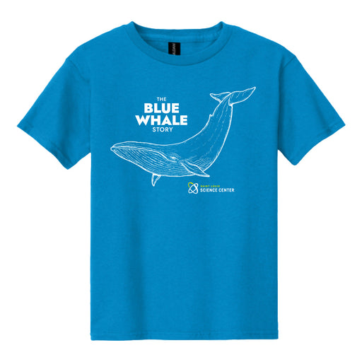 Bright blue t-shirt featuring a white line drawing of a blue whale, with the text “The Blue Whale Story” above and “Science Center” with a small logo below the whale.