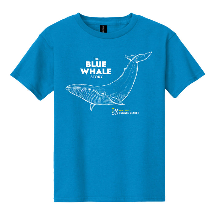Bright blue t-shirt featuring a white line drawing of a blue whale, with the text “The Blue Whale Story” above and “Science Center” with a small logo below the whale.