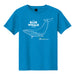 Bright blue t-shirt featuring a white line drawing of a blue whale, with the text “The Blue Whale Story” above and “Science Center” with a small logo below the whale.