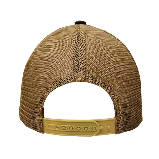 The image shows the back view of a brown mesh trucker hat with a yellow snapback strap, inspired by the Woodland Park Zoo Forest Trailhead Red Panda Camper Cap and supporting wildlife conservation efforts.