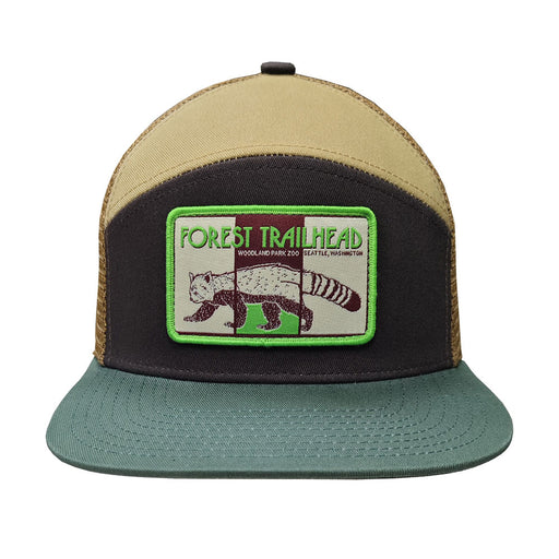 The Woodland Park Zoo Forest Trailhead Red Panda Camper Cap features a green brim, brown mesh back, and rectangular patch with "Forest Trailhead," a red panda illustration, and Woodland Park Zoo, Seattle—ideal for wildlife conservation fans.
