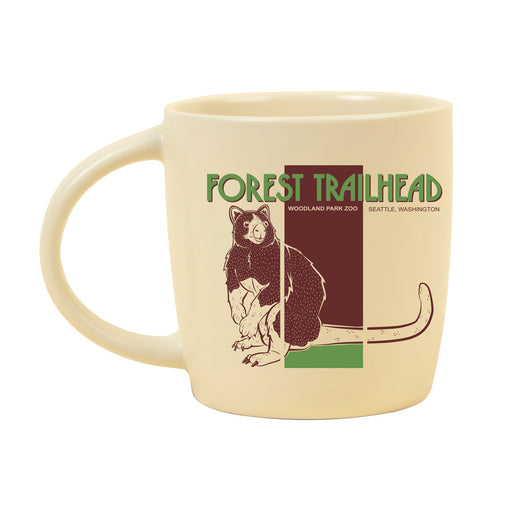 The Woodland Park Zoo Forest Trailhead Tree Kangaroo Mug is cream-colored with a tree kangaroo illustration and green and brown text: "Forest Trailhead, Woodland Park Zoo, Seattle, Washington"—a perfect wildlife conservation tribute.