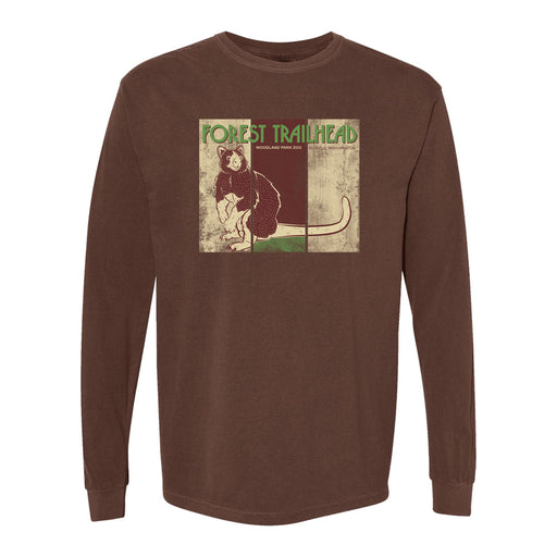 The Woodland Park Zoo Forest Trailhead Tree Kangaroo T-Shirt is a brown long-sleeve shirt with a retro-style tree kangaroo graphic and “Forest Trailhead” and “Woodland Park Zoo” on the front.
