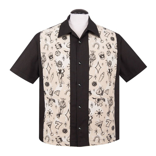 Introducing the Vegas Lights Panel Men’s Button Up T-Shirt: This short-sleeve shirt features black sides and collar, while the front panels showcase an off-white background adorned with black retro-inspired illustrations—such as dice, stars, pin-up girls, and lucky number sevens—that evoke a vintage Las Vegas vibe. Ideal for bringing classic casino style to your wardrobe.