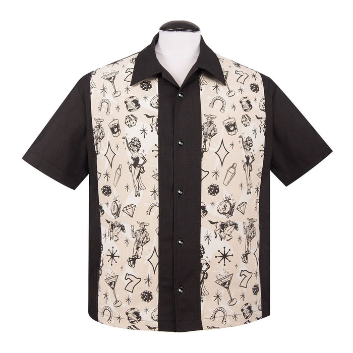 Introducing the Vegas Lights Panel Men’s Button Up T-Shirt: This short-sleeve shirt features black sides and collar, while the front panels showcase an off-white background adorned with black retro-inspired illustrations—such as dice, stars, pin-up girls, and lucky number sevens—that evoke a vintage Las Vegas vibe. Ideal for bringing classic casino style to your wardrobe.