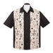 Introducing the Vegas Lights Panel Men’s Button Up T-Shirt: This short-sleeve shirt features black sides and collar, while the front panels showcase an off-white background adorned with black retro-inspired illustrations—such as dice, stars, pin-up girls, and lucky number sevens—that evoke a vintage Las Vegas vibe. Ideal for bringing classic casino style to your wardrobe.
