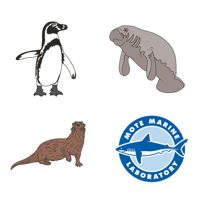 The Mote Marine Laboratory Pin Set includes four images—a penguin, a manatee, an otter, and the classic blue-and-white Mote Marine Laboratory logo featuring a shark inside a circle with text around it—making it the perfect pin set for celebrating marine conservation.