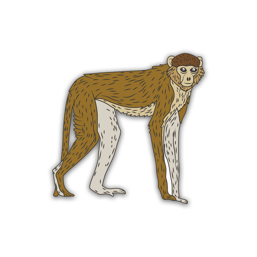 Cheerful cartoon illustration of a brown and white Patas Monkey standing on all fours, facing slightly right with a friendly expression against a white background—perfectly captured in The Living Desert Zoo and Gardens Patas Monkey Pin, an ideal accessory for wildlife conservation supporters or desert zoo fans.
