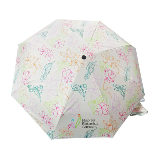 The Naples Botanical Garden Logo Umbrella features a vibrant floral pattern with green leaves and colorful flowers, and has the Naples Botanical Garden logo and text printed on one of its panels.