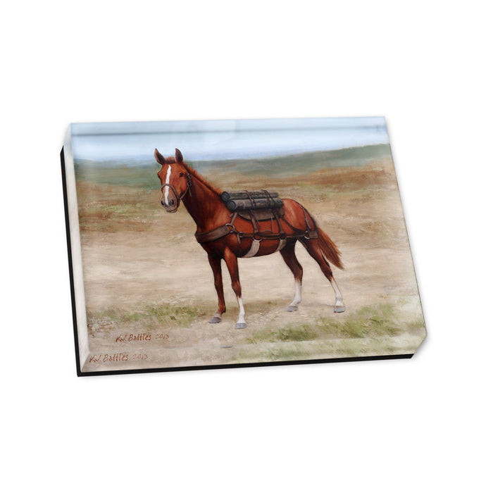 A depiction of a brown horse standing on a dirt and grass field under a light blue, cloudy sky, carrying a pack with rolled items on its back—reminiscent of Sergeant Reckless during the Korean War—appears on the Sergeant Reckless Magnet. The artwork is signed in the bottom left corner.