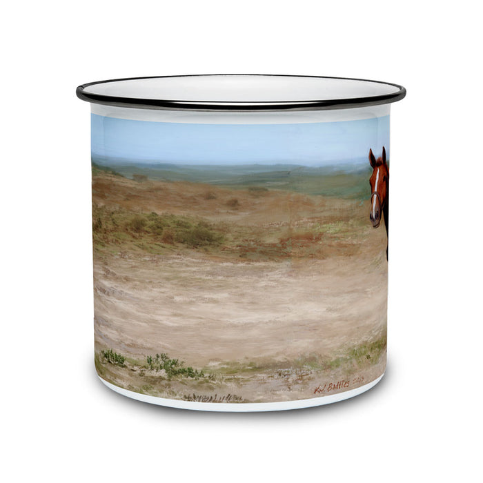 The Sergeant Reckless Camper Mug is a white enamel mug featuring a painted landscape of grassy fields with a horse’s head peeking in from the right side. A black rim lends a classic touch, while the soft, muted background evokes peaceful outdoor moments. This unique mug makes a thoughtful gift for anyone interested in military history or enjoying their favorite drink around the campfire.