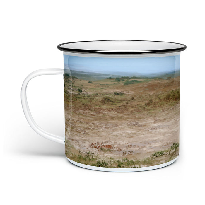 Introducing the Sergeant Reckless Camper Mug: a white enamel mug with a classic black rim, adorned with a vibrant landscape illustration depicting grassy brown and green fields beneath a blue sky. The scenic artwork wraps fully around the exterior, making this camper mug a perfect choice for military history enthusiasts and adventure lovers alike.
