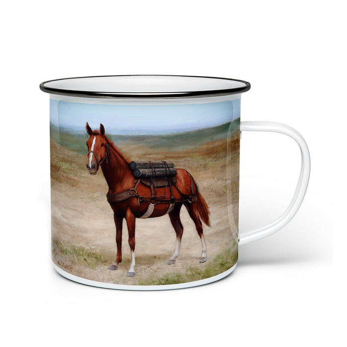 The Sergeant Reckless Camper Mug features a white enamel design with an illustration of a brown horse carrying gear, standing on a dirt path in a grassy, open landscape beneath a blue sky—a thoughtful nod to military history and perfect for any adventure.