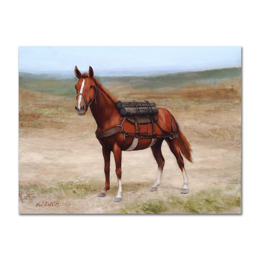 A brown horse stands on a dirt field, wearing a harness and carrying two rolled bedrolls on its back, set against grassy plains and open sky—an evocative scene captured in the Sergeant Reckless 12″ x 16″ Poster, inspired by the legendary equine hero from the Korean War.