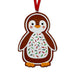 The Lincoln Park Zoo Gingerbread Penguin Ornament features a penguin-shaped design with a white belly adorned with red, green, and black sprinkles, orange feet, and a red ribbon for hanging.